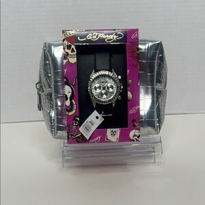 NWT Ed Hardy Watch With Silver Metallic Pouch.